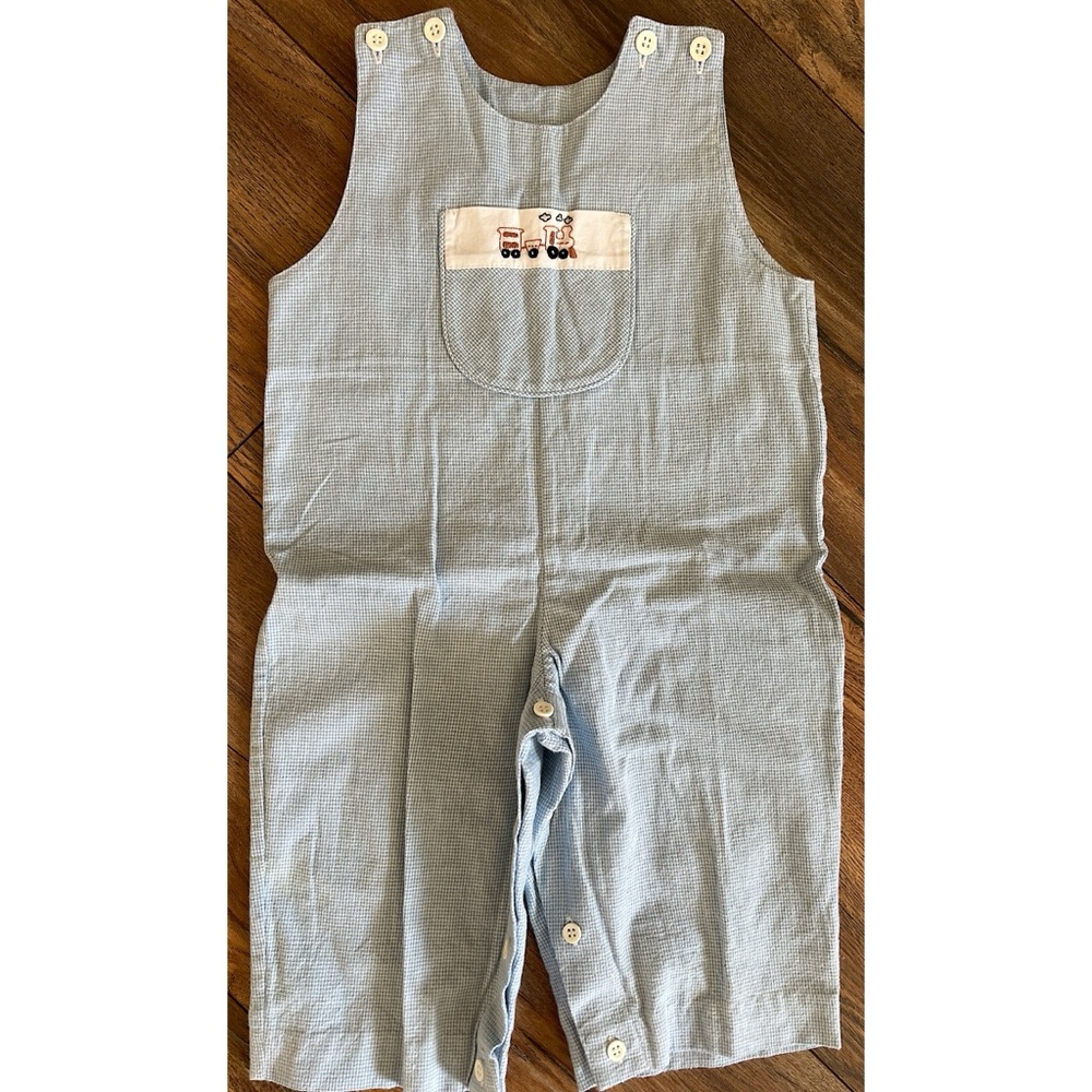 Strasburg Size 12 Months Blue and White Gingham Jon Jon Train Romper